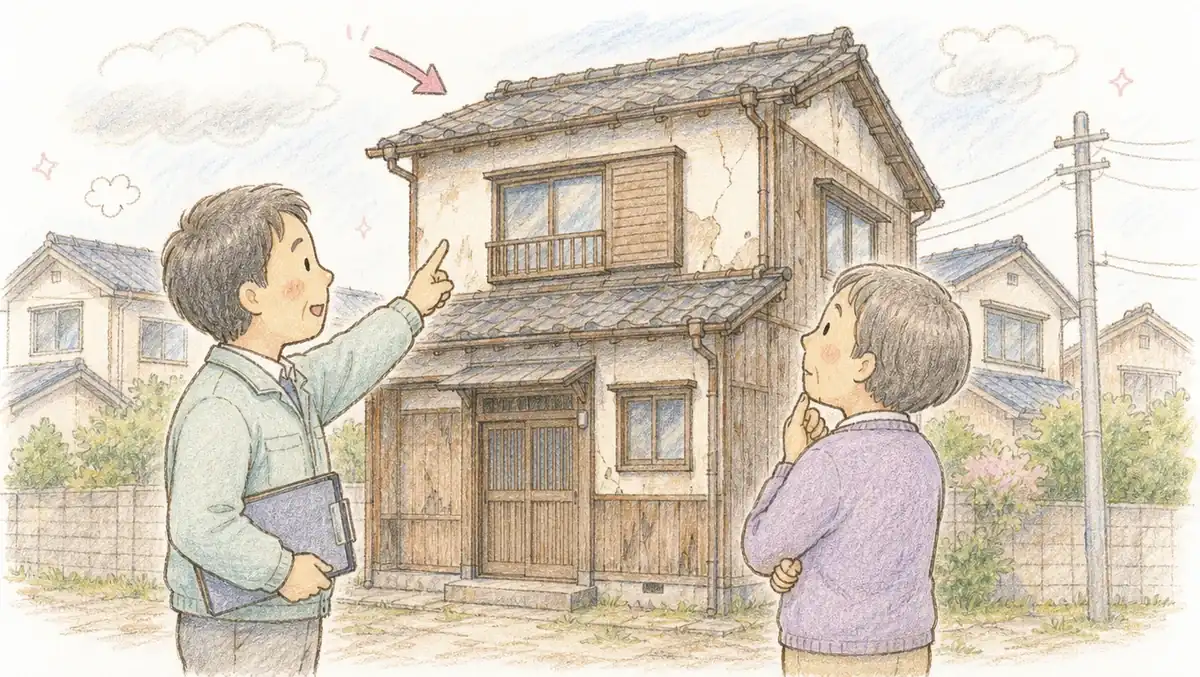 築40年ほどの木造2階建ての空き家の前で、不動産会社の担当者が外壁を指さしながら建物の傷み具合を説明し、お客様が屋根を見上げて考え込んでいる現地確認の場面。周囲の住宅街や電柱まで描き込んだ、手描き色鉛筆タッチのイラストです