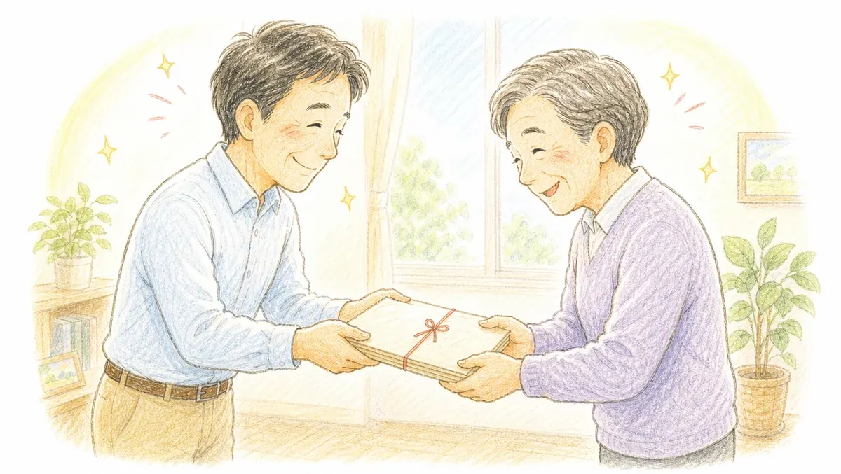 窓から光が差し込む部屋で、不動産会社の担当者とお客様が、ひもで結ばれた契約書類の束を両手でていねいに受け渡ししている場面。二人とも目を細めて微笑んでおり、売却の手続きが無事に終わった安心感が伝わる手描き色鉛筆タッチのイラストです