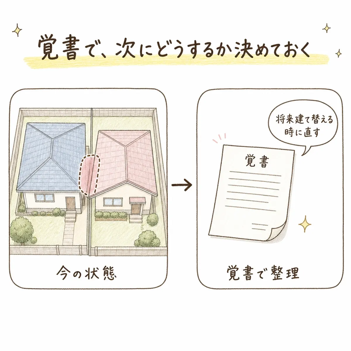 隣の建物の一部がこちらの敷地に越境している「今の状態」と、将来建て替える時に直すという約束を「覚書」という書面にして整理する流れを表した手描き風の図解です。壊さなくても書面で解決できることを示しています。