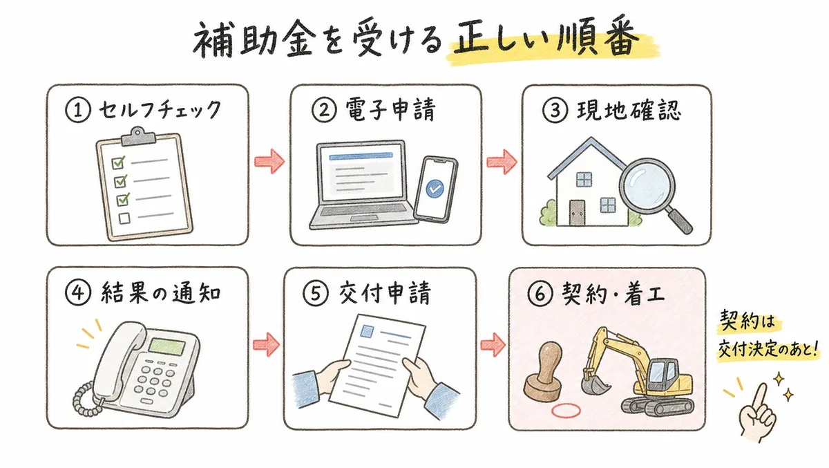 稲沢市の空き家解体補助金を受ける正しい順番を示す6ステップの手描き色鉛筆タッチの図解。①セルフチェック(チェックシート)②電子申請(パソコンとスマホ)③現地確認(家と虫めがね)④結果の通知(電話)⑤交付申請(書類)⑥契約・着工(印鑑とショベルカー)。⑥の枠だけ薄ピンクで強調され「契約は交付決定のあと!」の注記が添えられている。