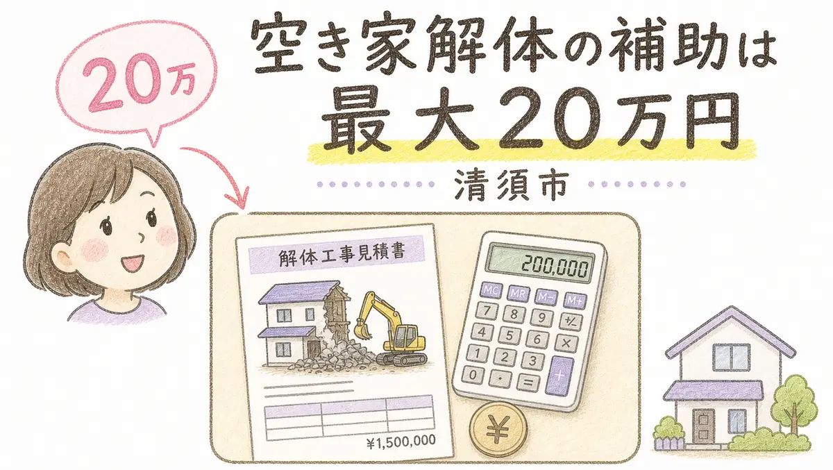 清須市で空き家解体補助金（最大20万円）について解説するブログアイキャッチイラスト
