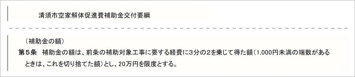 清須市例規集に掲載されている「清須市空家解体促進費補助金交付要綱」（平成31年4月1日施行）の画面キャプチャ。第5条（補助金の額）に「補助対象工事に要する経費に3分の2を乗じて得た額（1,000円未満の端数があるときは、これを切り捨てた額）とし、20万円を限度とする」と定められている部分の抜粋。