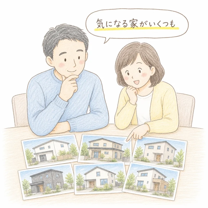 手描きタッチのイラスト。40代くらいの夫婦が戸建ての外観写真を何枚もテーブルに並べて選んでいる。吹き出しに「気になる家がいくつも」の文字。白背景でやわらかい色鉛筆風の塗り。