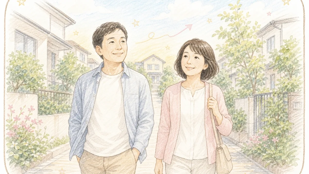 50代の夫婦が穏やかな住宅街の道を前向きな表情で並んで歩いている手描き色鉛筆タッチのイラスト。やわらかいパステル調で、これからの道が開ける希望を感じさせる雰囲気。