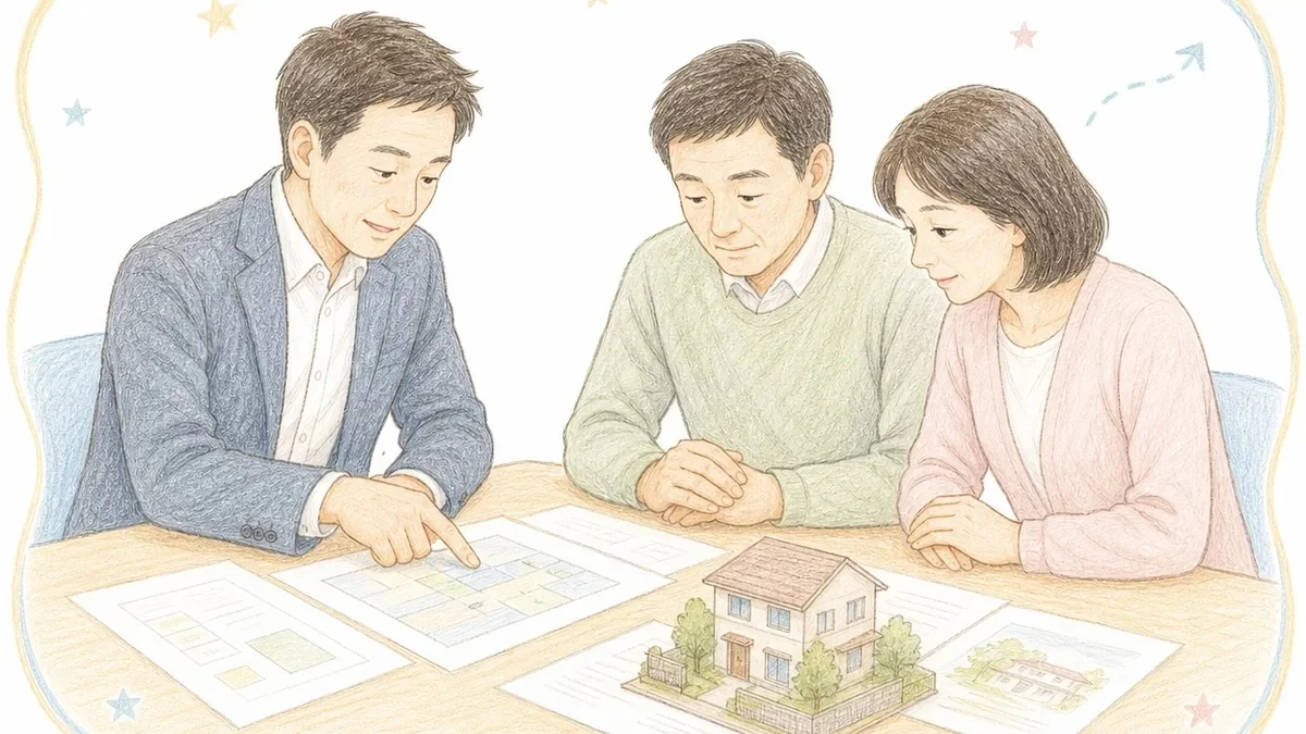 明るい相談室で、50代の夫婦と40代の男性相談員が机を囲み、全員が机の上の書類と家の模型に視線を向けている手描き色鉛筆タッチのイラスト。相談員は書類を指で示しながら、状況を正直に整理して説明している。