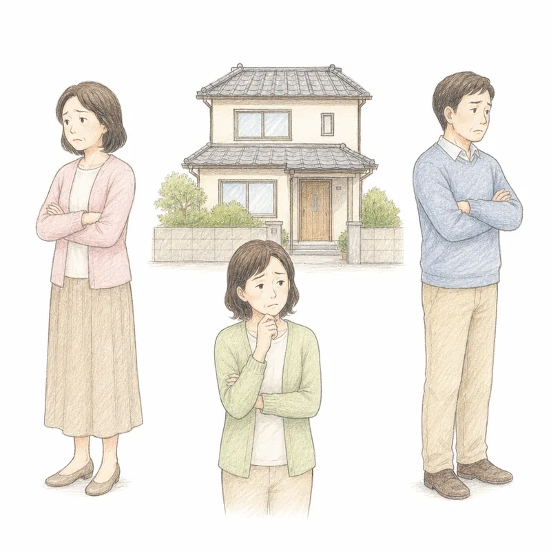 1軒の家を挟んで、相続した兄弟姉妹3人がそれぞれ別の方向を向いて腕組みをしている手描き色鉛筆タッチの挿絵。共有名義で意見がまとまらない気まずさを表している。