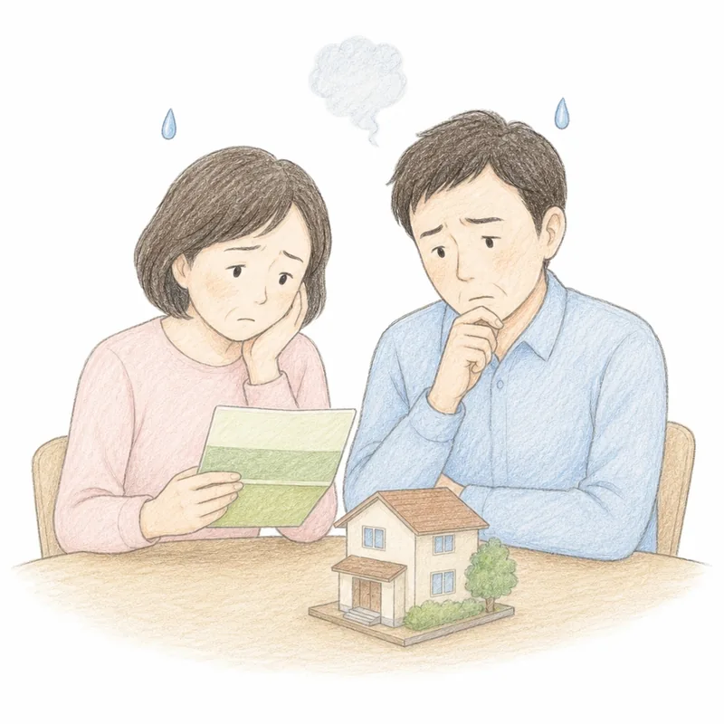 50代の夫婦がテーブルで通帳と家の模型を前に困り顔で考え込んでいる手描き色鉛筆タッチの挿絵。住宅ローンの残りが売却額を上回る不安を表している。