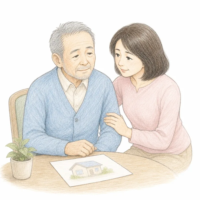 椅子に座る穏やかな高齢の父親に50代の娘がやさしく寄り添い、机に家の絵が描かれた書類が置かれた手描き色鉛筆タッチの挿絵。認知症と実家の名義の心配を表す温かい場面。