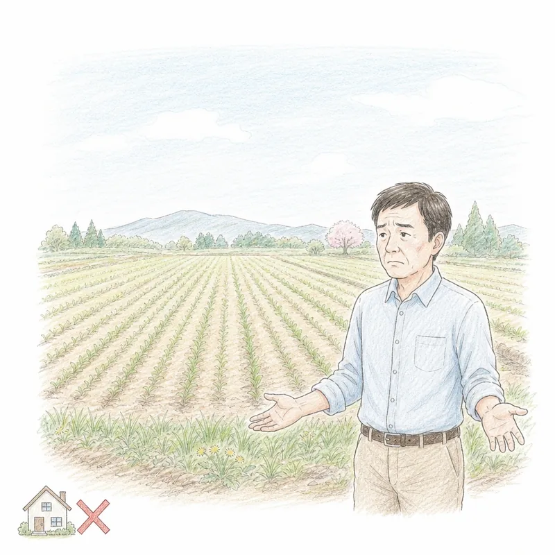 広い畑の前に50代の持ち主が困り顔で立っている手描き色鉛筆タッチの挿絵。隅に家にバツ印のアイコンがあり、市街化調整区域の農地には家を建てられないことを表している。