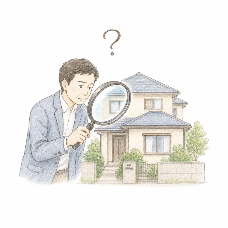 売れずに残っている1軒の家を、40代の男性相談員が大きな虫めがねでのぞき込み、売れない原因を探している手描き色鉛筆タッチの挿絵。家の上に小さなはてなマーク。