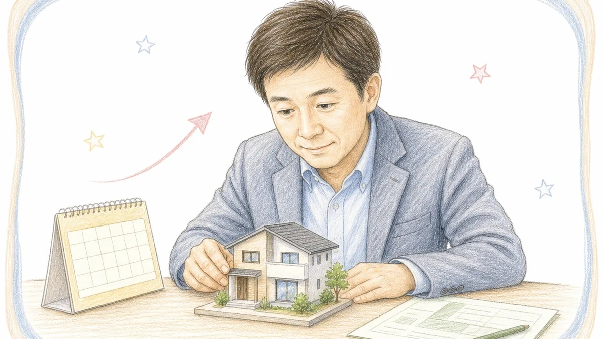 40代の男性相談員が、机の上の1軒の家の模型とカレンダー・計画表に集中して向き合っている手描き色鉛筆タッチのイラスト。多くの物件を抱えず1軒に全力を注ぐ姿勢を表している。