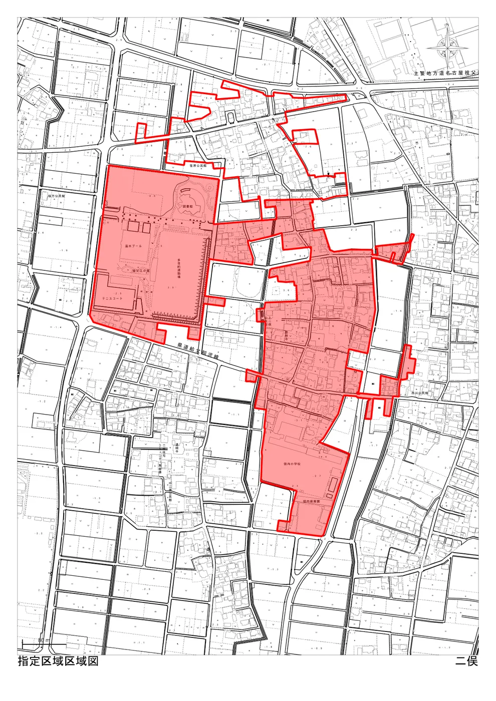 稲沢市の市街化調整区域・34条11号（条例指定区域）「二俣」の区域図。住宅を建てられる可能性のある指定区域が赤色で示されている（出典：稲沢市「指定区域区域図」）