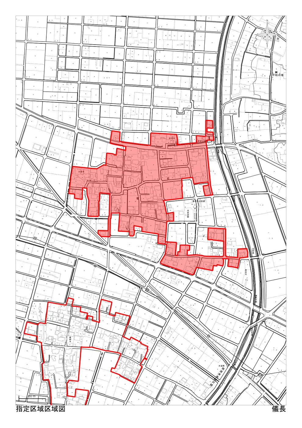 稲沢市の市街化調整区域・34条11号（条例指定区域）「儀長」の区域図。住宅を建てられる可能性のある指定区域が赤色で示されている（出典：稲沢市「指定区域区域図」）