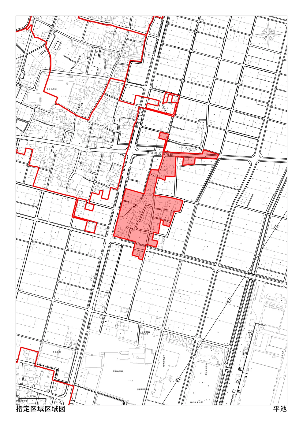 稲沢市の市街化調整区域・34条11号（条例指定区域）「平池」の区域図。住宅を建てられる可能性のある指定区域が赤色で示されている（出典：稲沢市「指定区域区域図」）