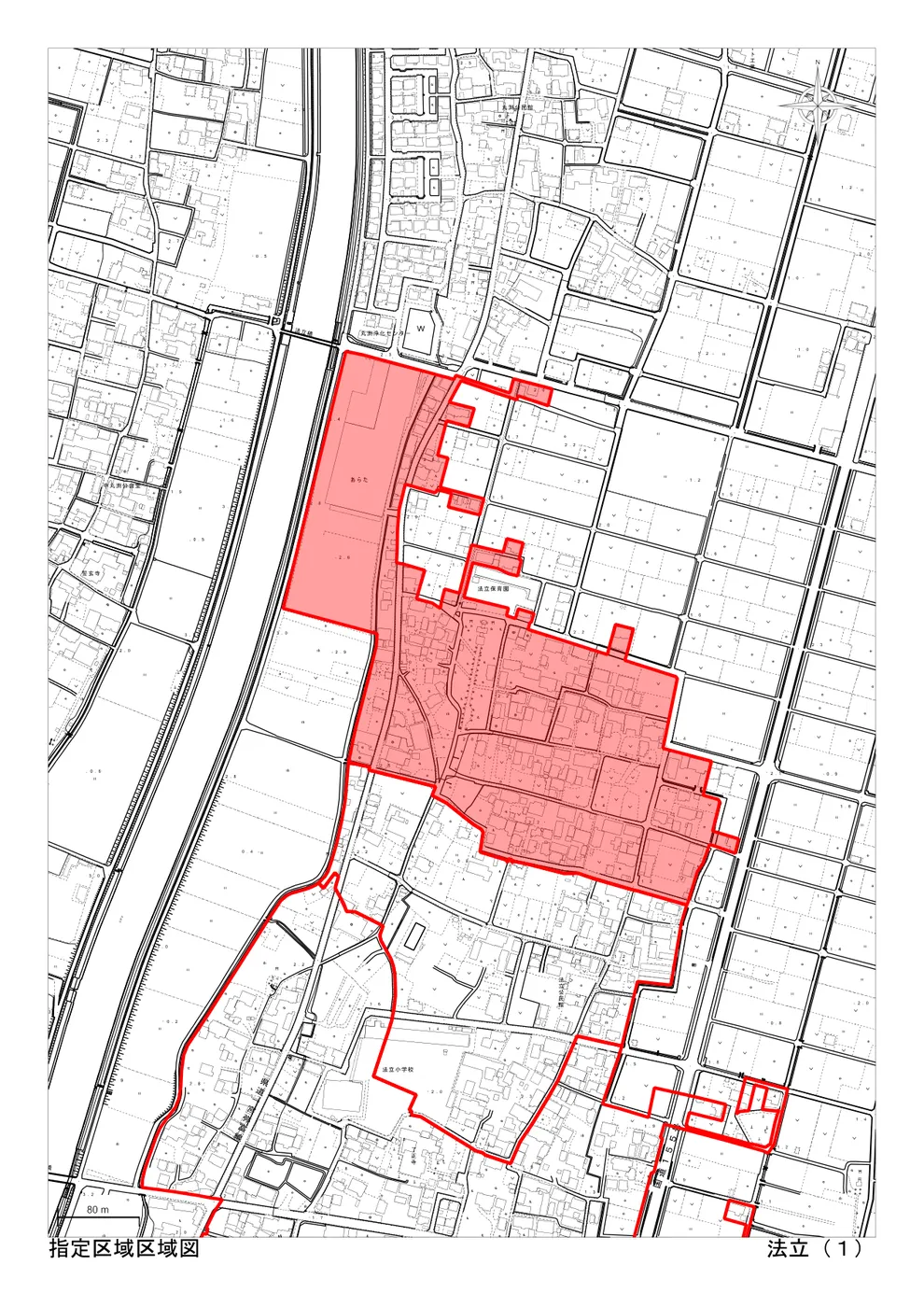 稲沢市の市街化調整区域・34条11号（条例指定区域）「法立（1）」の区域図。住宅を建てられる可能性のある指定区域が赤色で示されている（出典：稲沢市「指定区域区域図」）