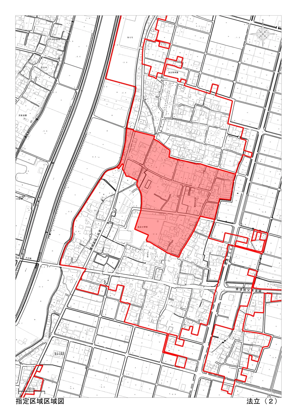 稲沢市の市街化調整区域・34条11号（条例指定区域）「法立（2）」の区域図。住宅を建てられる可能性のある指定区域が赤色で示されている（出典：稲沢市「指定区域区域図」）
