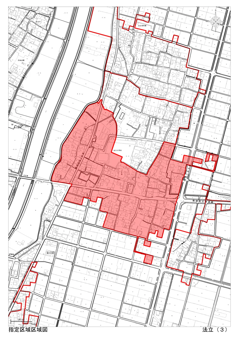 稲沢市の市街化調整区域・34条11号（条例指定区域）「法立（3）」の区域図。住宅を建てられる可能性のある指定区域が赤色で示されている（出典：稲沢市「指定区域区域図」）