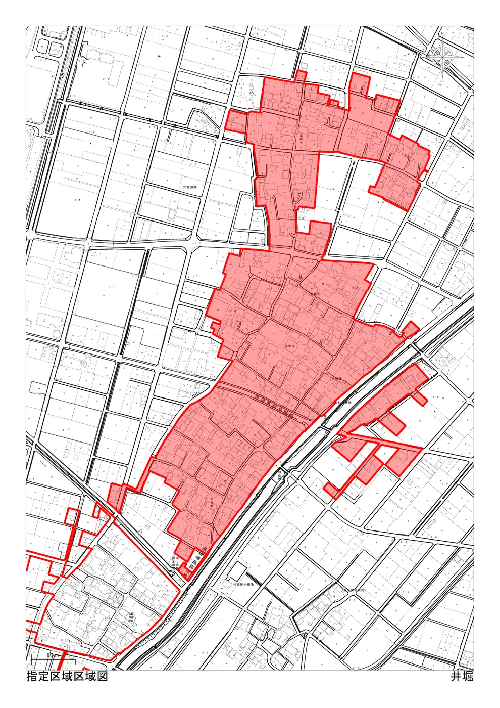 稲沢市の市街化調整区域・34条11号（条例指定区域）「井堀」の区域図。住宅を建てられる可能性のある指定区域が赤色で示されている（出典：稲沢市「指定区域区域図」）