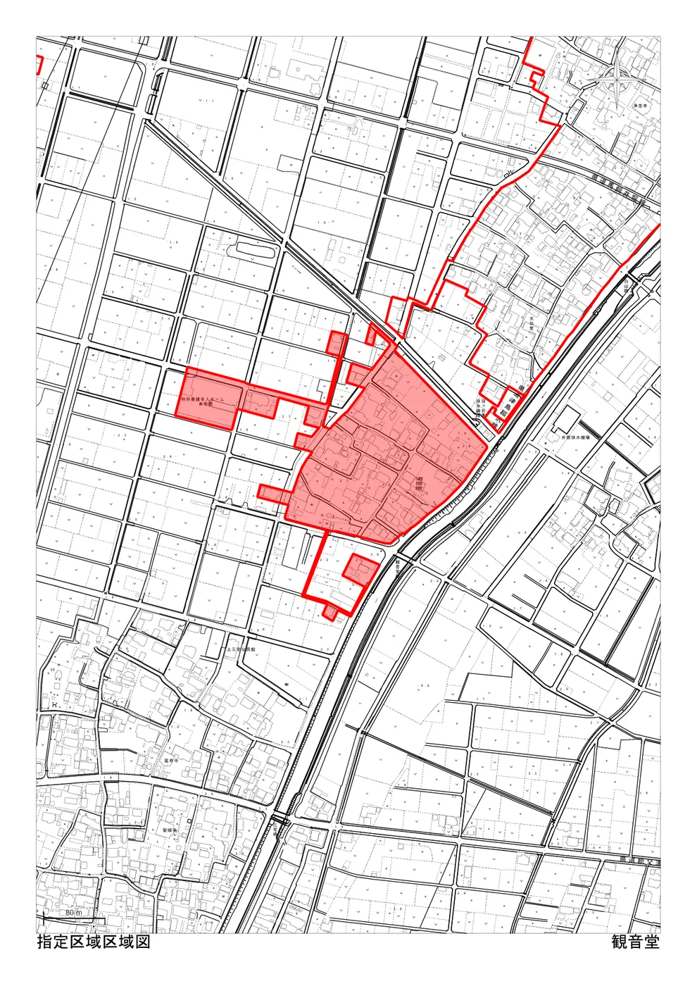 稲沢市の市街化調整区域・34条11号（条例指定区域）「観音堂」の区域図。住宅を建てられる可能性のある指定区域が赤色で示されている（出典：稲沢市「指定区域区域図」）