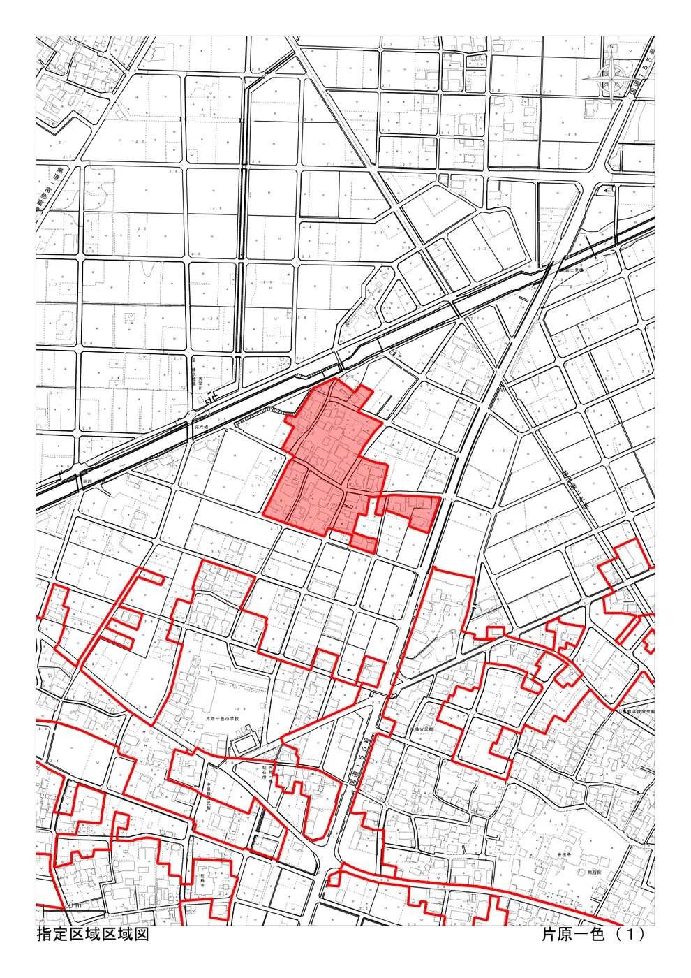 稲沢市の市街化調整区域・34条11号（条例指定区域）「片原一色（1）」の区域図。住宅を建てられる可能性のある指定区域が赤色で示されている（出典：稲沢市「指定区域区域図」）