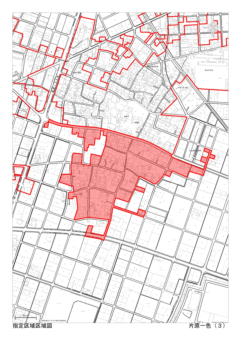 稲沢市の市街化調整区域・34条11号（条例指定区域）「片原一色（3）」の区域図。住宅を建てられる可能性のある指定区域が赤色で示されている（出典：稲沢市「指定区域区域図」）