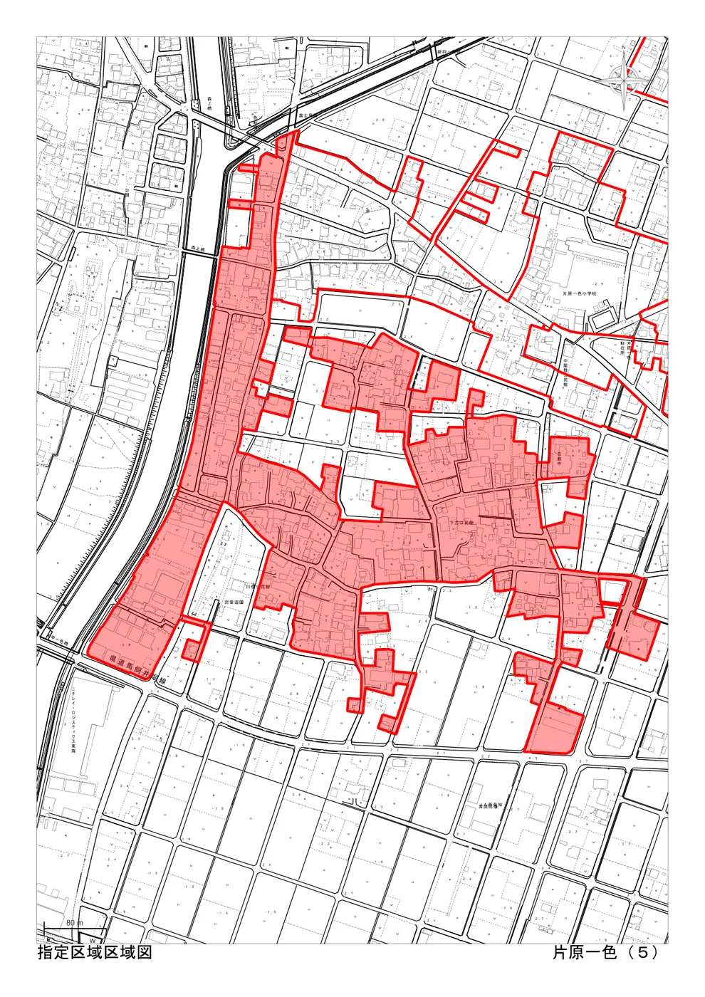 稲沢市の市街化調整区域・34条11号（条例指定区域）「片原一色（5）」の区域図。住宅を建てられる可能性のある指定区域が赤色で示されている（出典：稲沢市「指定区域区域図」）