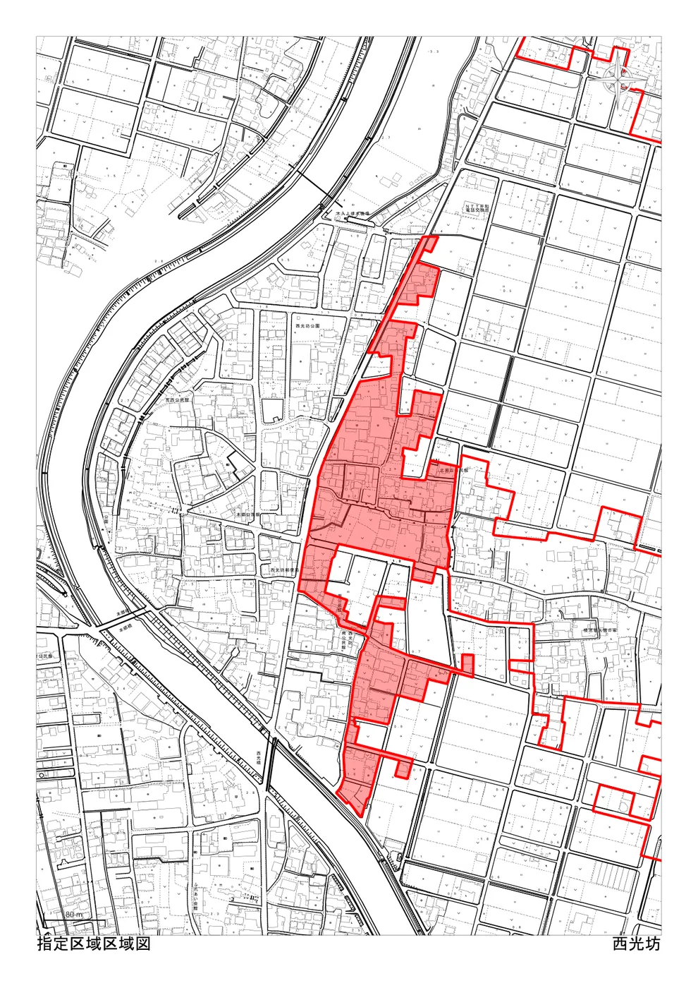 稲沢市の市街化調整区域・34条11号（条例指定区域）「西光坊」の区域図。住宅を建てられる可能性のある指定区域が赤色で示されている（出典：稲沢市「指定区域区域図」）