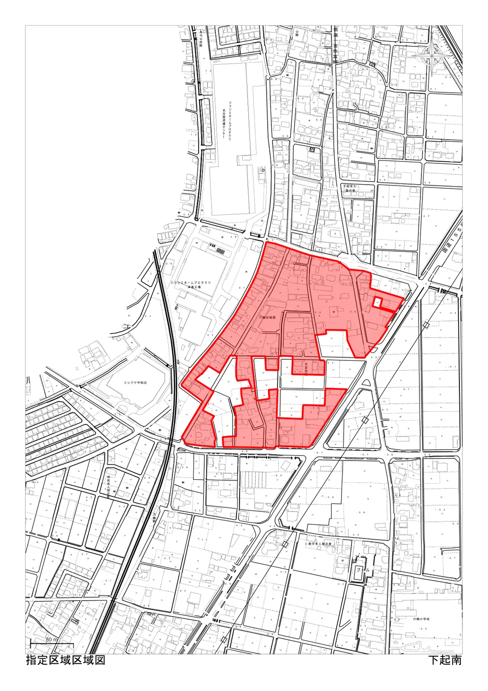 稲沢市の市街化調整区域・34条11号（条例指定区域）「下起南」の区域図。住宅を建てられる可能性のある指定区域が赤色で示されている（出典：稲沢市「指定区域区域図」）