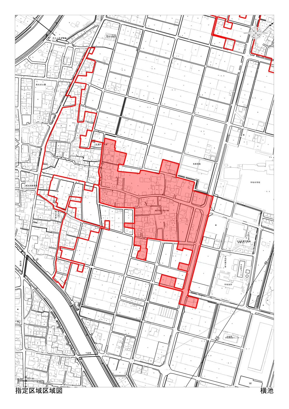 稲沢市の市街化調整区域・34条11号（条例指定区域）「横池」の区域図。住宅を建てられる可能性のある指定区域が赤色で示されている（出典：稲沢市「指定区域区域図」）