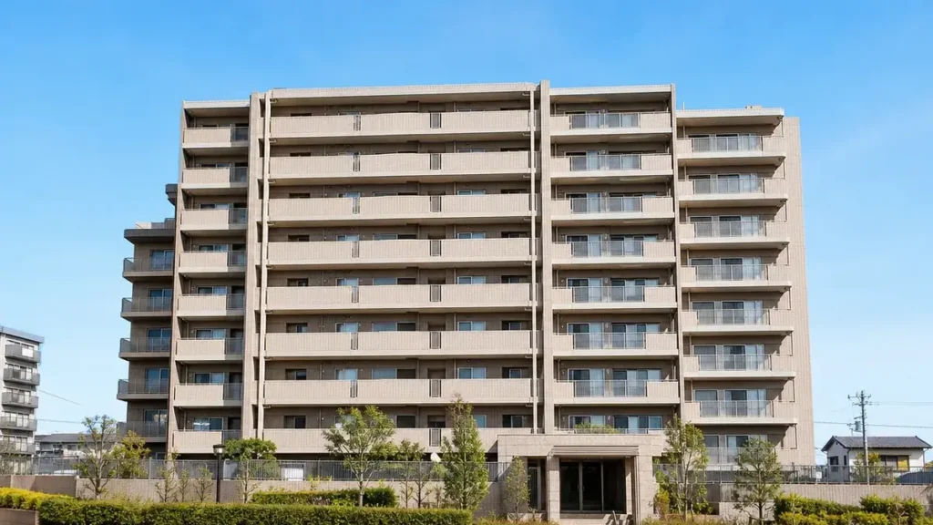 築11年の分譲マンションの外観写真イメージ。青空の下、手入れの行き届いた現代的な建物