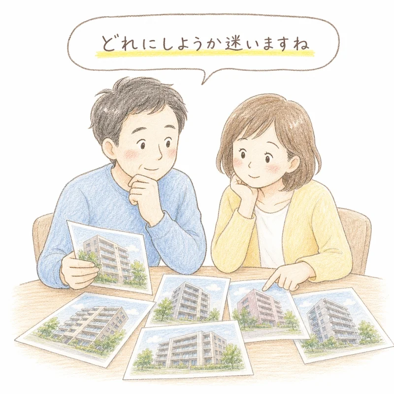 手描きタッチのイラスト。40代くらいの夫婦がテーブルの上にマンションのパンフレットや写真を何枚も並べて見比べている。吹き出しに「どれにしようか迷いますね」の文字。白背景でやわらかい色鉛筆風の塗り。