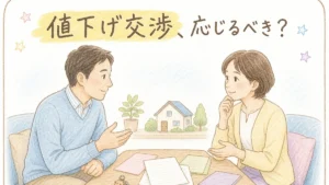 稲沢市で実家売却の値下げ交渉に応じるかの判断基準を解説するブログアイキャッチイラスト