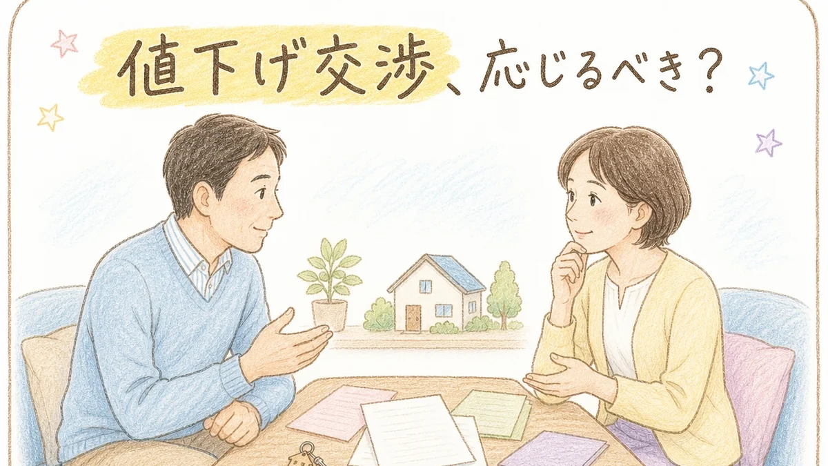 稲沢市で実家売却の値下げ交渉に応じるかの判断基準を解説するブログアイキャッチイラスト