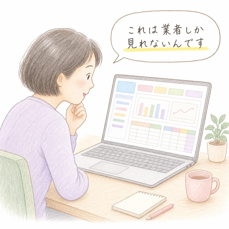 手描きタッチのイラスト。50代くらいの女性が机の上のノートパソコンの画面を覗き込んでいる。画面には色分けされた四角やグラフのような柄が並び、専門的な管理画面のような雰囲気(読める文字はない)。吹き出しに「これは業者しか見れないんです」の文字。白背景でやわらかい色鉛筆風の塗り。