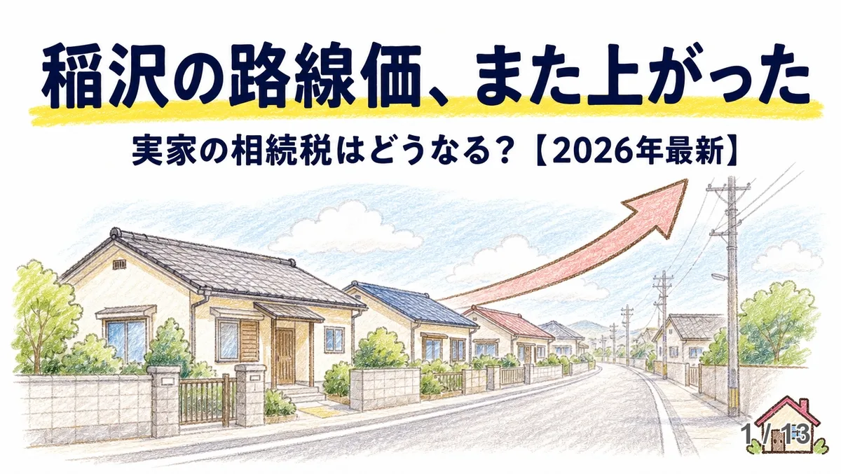 手描き風の色鉛筆タッチのイラストで、稲沢の住宅街の背景に赤い右肩上がりの矢印が伸びる見出しカード。「稲沢の路線価、また上がった」「実家の相続税はどうなる？【2026年最新】」の文字と、右下に小さな家のアイコンが描かれている。