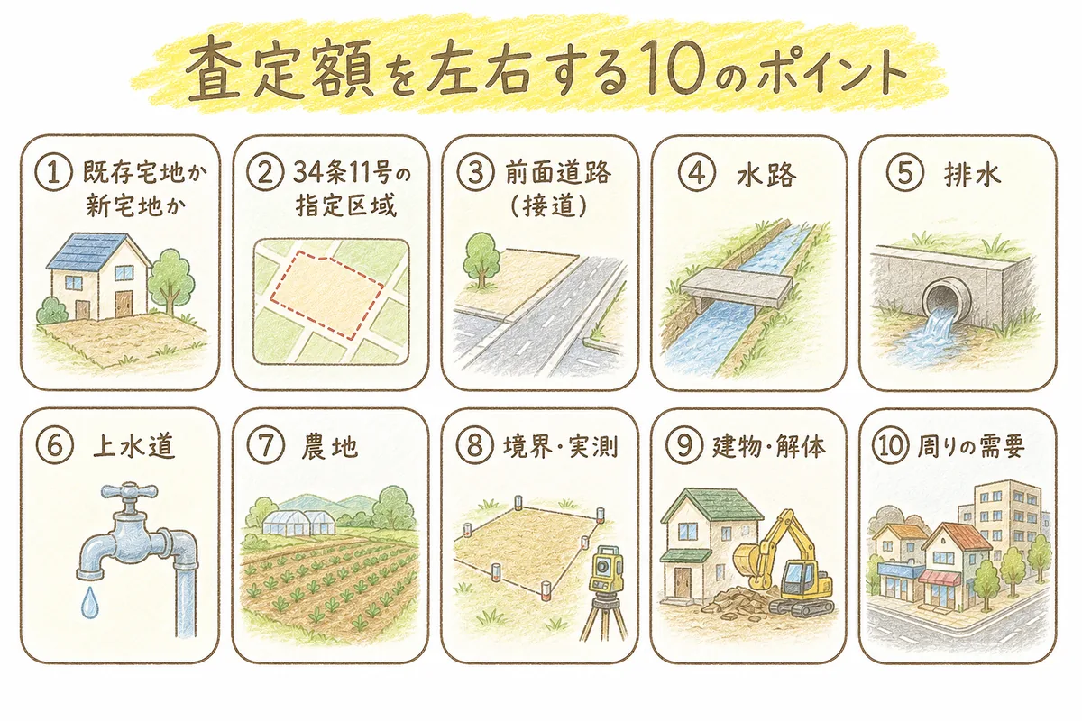 査定額を左右する10のポイント(既存宅地か新宅地か・34条11号の指定区域・前面道路・水路・排水・上水道・農地・境界実測・建物解体・周りの需要)をアイコン付きカードで並べた図解。