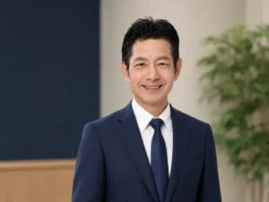 稲沢あんしん不動産の代表 佐藤高樹の上半身の写真。紺色のスーツに白いワイシャツを着て正面を向き、自然な笑顔でこちらを見ている。この節で紹介している「買わなくていいと思います」という言葉を話している本人の写真。