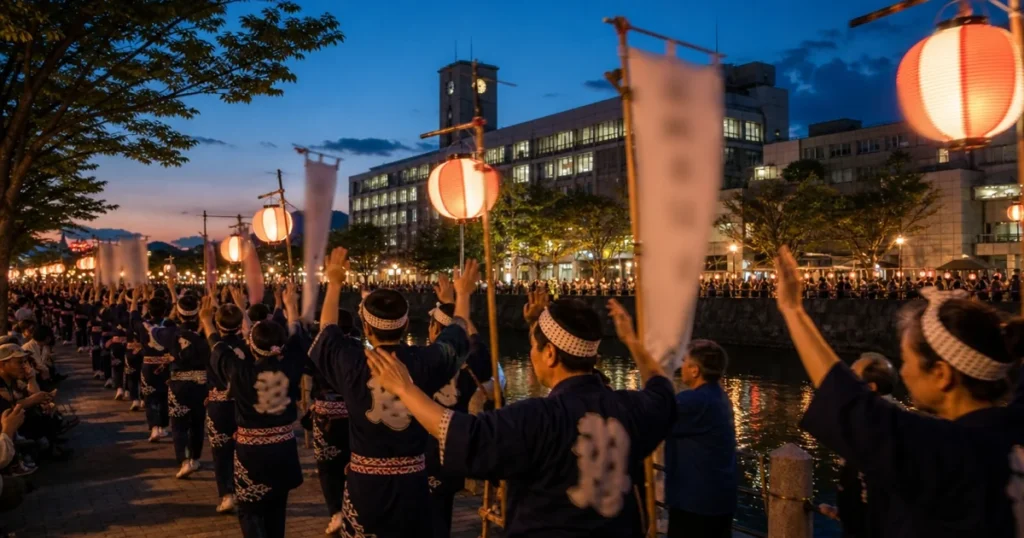 夕暮れから夜にかけて、川沿いの遊歩道で提灯を掲げながら踊り歩く地域住民まつりのイメージ写真。揃いの法被を着た人々が列になり、背景に低層の市役所らしい建物と夕焼けの残る空が広がる。
