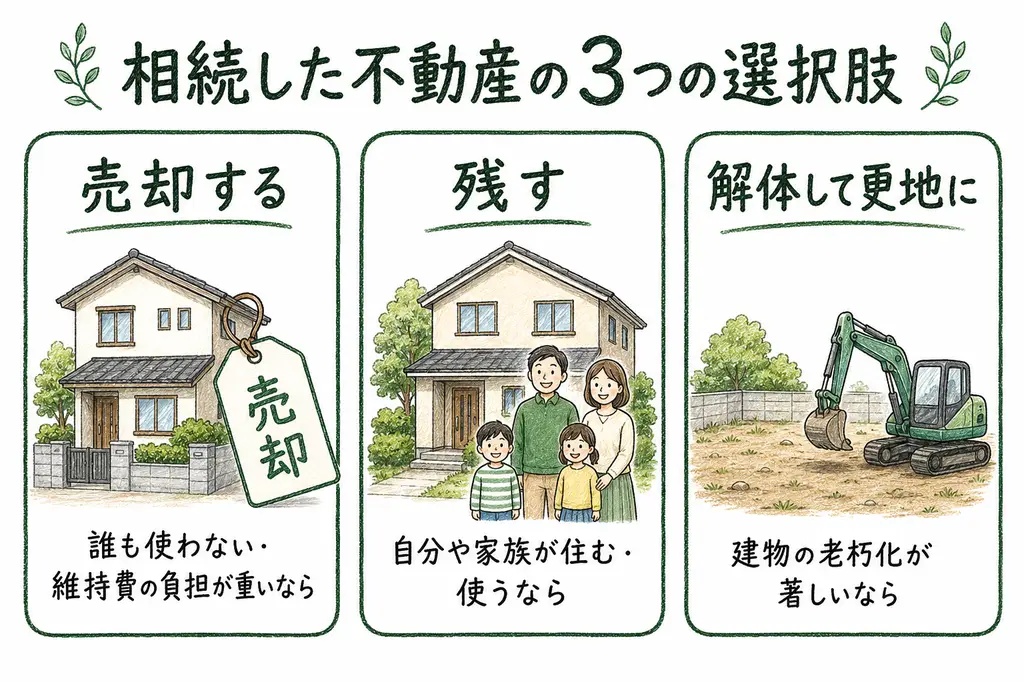 相続した不動産の3つの選択肢の手描き図解。売却する＝誰も使わない・維持費の負担が重いなら。残す＝自分や家族が住む・使うなら。解体して更地に＝建物の老朽化が著しいなら。