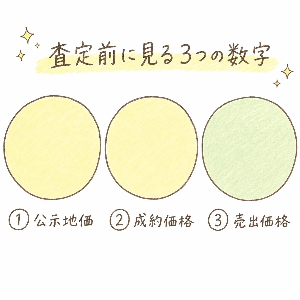 手描き風のイラストで査定前に見る3つの数字を示す図。黄色い丸に①公示地価、同じ黄色の丸に②成約価格、緑色の丸に③売出価格と書かれ横に3つ並んでいる。上部には黄色マーカー風のハイライトで「査定前に見る3つの数字」という見出し文字。