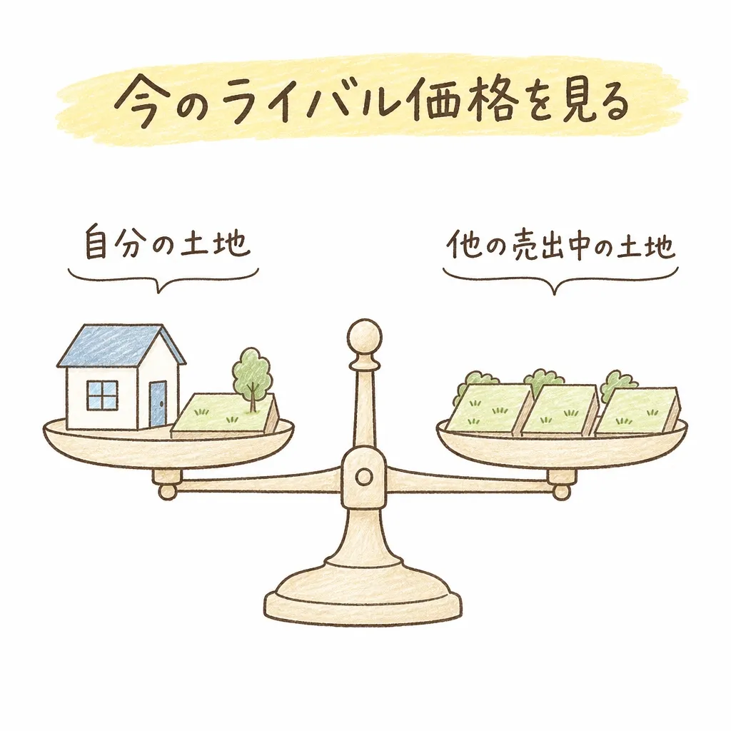 天秤を使った手描き風イラスト。左の皿に家と土地の小さなアイコンで「自分の土地」、右の皿に同じような土地アイコンが複数並び「他の売出中の土地」と書かれている。上部に「今のライバル価格を見る」という見出し。
