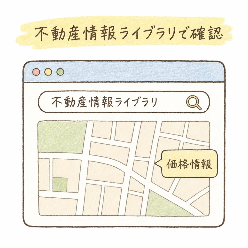 国土交通省の不動産情報ライブラリのサイト画面を模した手描き風イラスト。検索窓に「不動産情報ライブラリ」の文字、下に簡易的な地図と「価格情報」というメニューの吹き出しが描かれている。