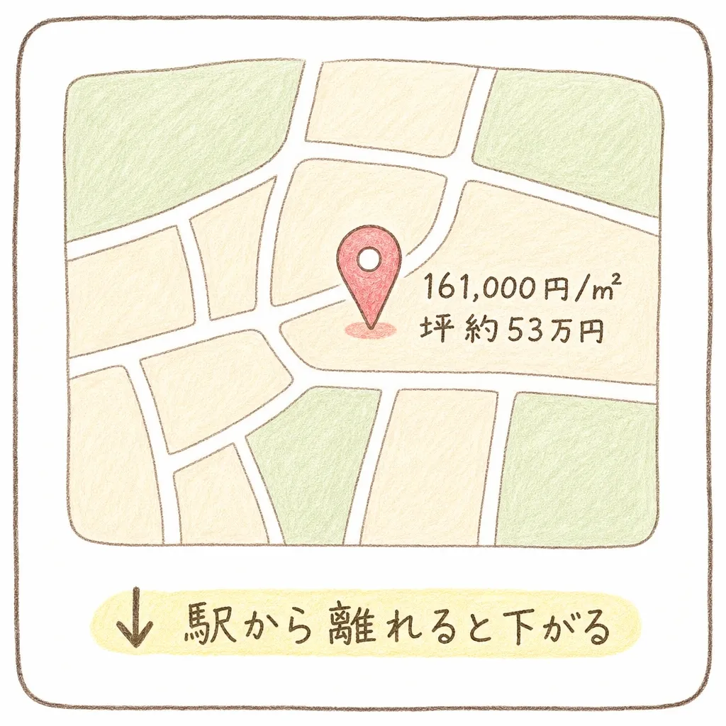 稲沢駅前の公示地価の例を示す手描き風の地図イラスト。地図上にピンが立ち近くに「161,000円/㎡」「坪約53万円」の数字が書かれている。下には「駅から離れると下がる」という矢印付きの手描き文字。