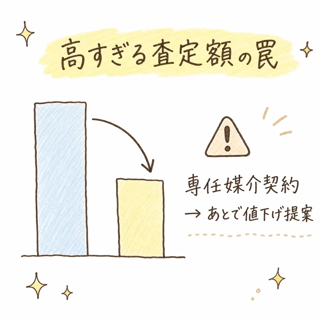査定額が下がる様子を示す手描き風の棒グラフイラスト。最初は高い棒、矢印の後に低い棒へと下がっている。横に「専任媒介契約→あとで値下げ提案」という手描き文字のキャプションと注意を示す三角マークが添えられている。上部に「高すぎる査定額の罠」という見出し。