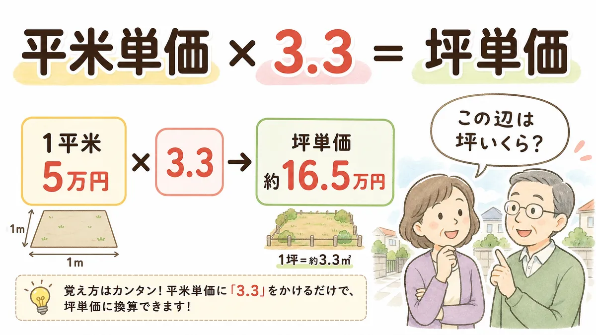 平米単価から坪単価への換算計算を示す実際のYouTube動画スライド。「平米単価×3.3=坪単価」「1平米5万円×3.3→坪単価約16.5万円」という計算式と、話し合う夫婦のイラストが描かれている。