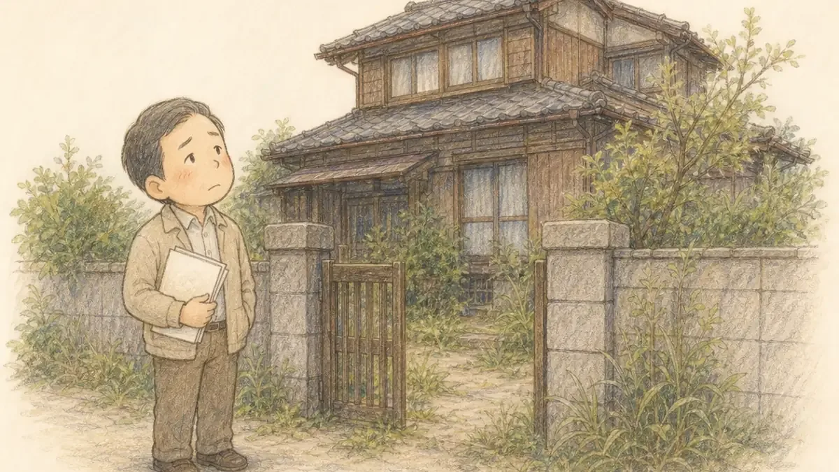 古い日本家屋の門の前で、書類を手にした50代くらいの男性が家を見上げて少し困った様子で考え込んでいる、手描き色鉛筆タッチの一場面。庭には雑草が伸び、空き家の雰囲気が漂っている。