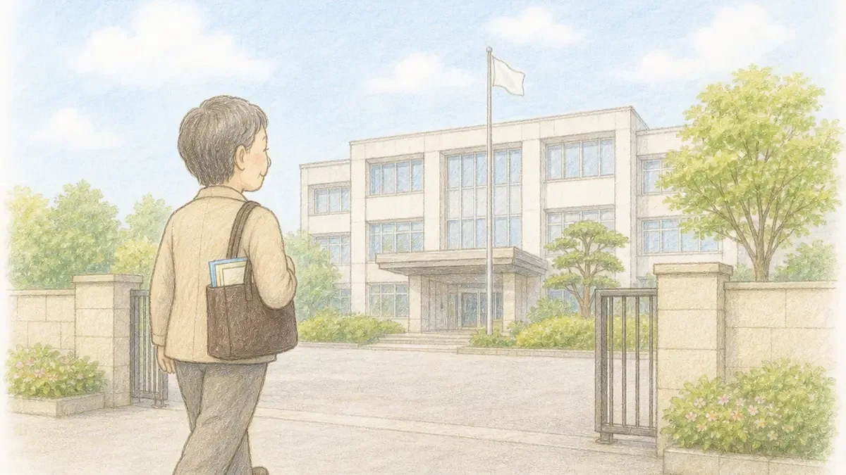落ち着いた庁舎風の建物に向かって、書類の入ったバッグを持ち歩いていく40〜50代の人物の後ろ姿。晴れた日の穏やかな雰囲気で描かれた手描き色鉛筆タッチの一場面。