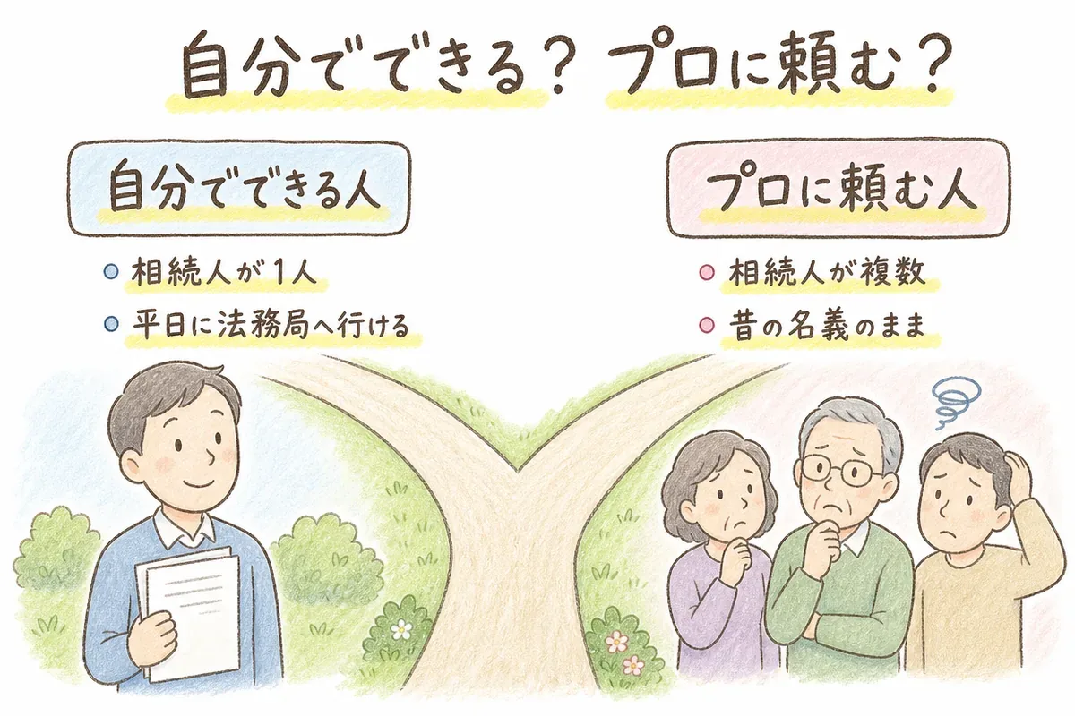 自分で名義変更できる人と専門家に頼んだ方がいい人を、分かれ道で対比した手描きの図解。左は相続人が1人で平日に法務局へ行ける人、右は相続人が複数いたり昔の名義のままだったりする人が描かれている。