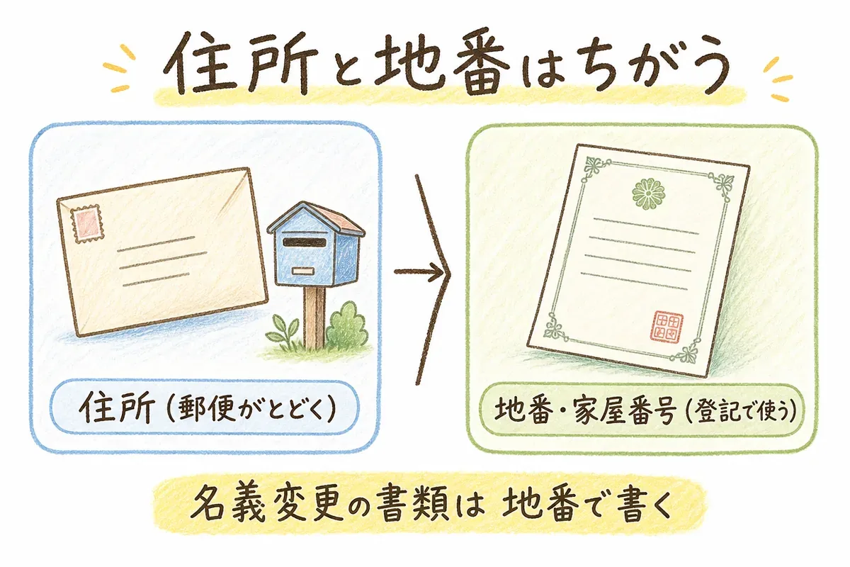 郵便が届く住所と、登記で使う地番・家屋番号が別物であることを対比した手描きの図解。左に封筒、右に登記簿のイラストがあり、名義変更の書類は地番で書くと示されている。
