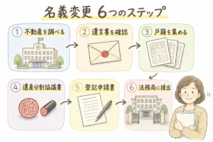 相続した不動産の名義変更を6つのステップで示した手描き色鉛筆タッチの流れ図。市役所、遺言書、戸籍、遺産分割協議書、登記申請書、法務局提出のアイコンが矢印でつながり、右下に書類を持つ女性のカットが添えられている。